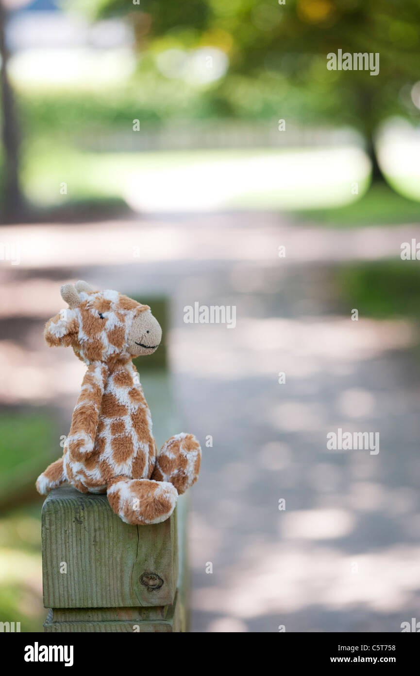 Childs giraffa peluche seduto su un cancello posto in un giardino inglese Foto Stock