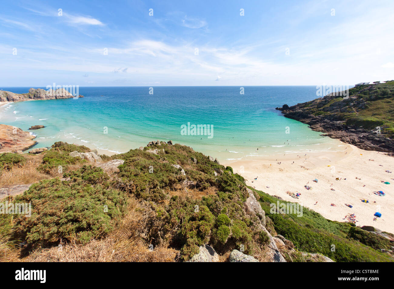 Porthcurno beach in Cornwall Regno Unito in estate Foto Stock