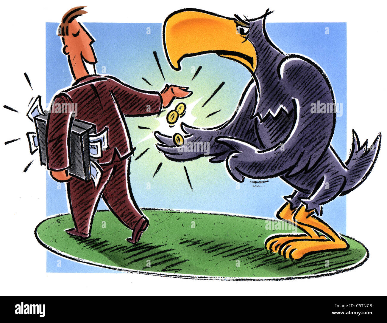 Illustrazione, fiscali, uomo prestando aquila federale denaro Foto Stock