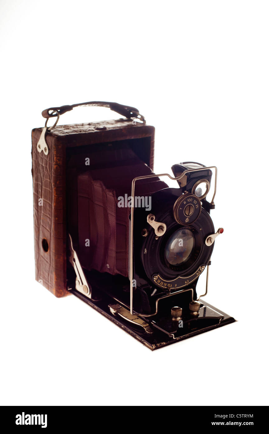 Antiquariato piastra Foth fotocamera, modello realizzato nel 1931 in Germania, con soffietto in pelle Foto Stock