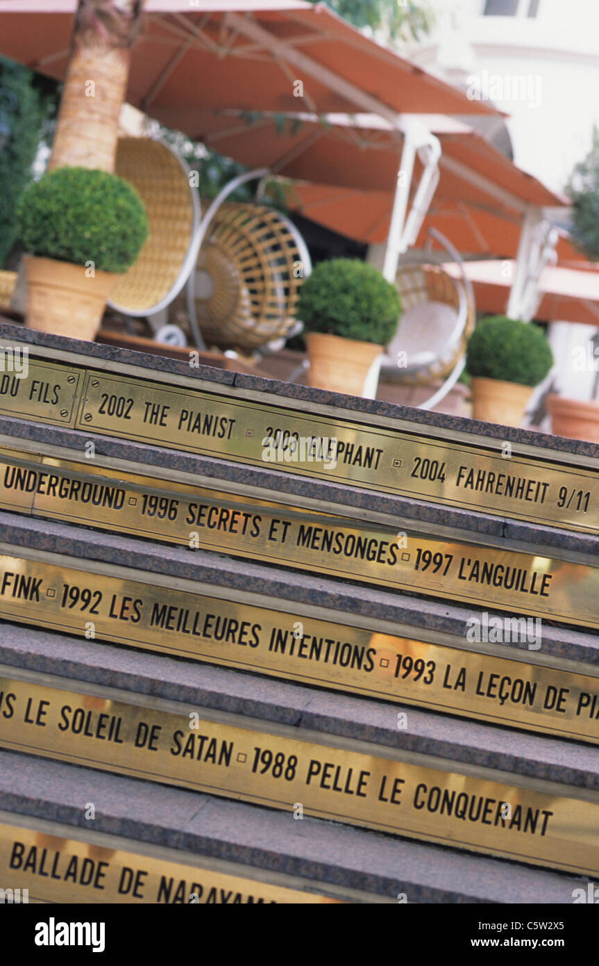 Francia - Cote d'Azur, Cannes, fasi con i nomi del premiato film, close up Foto Stock