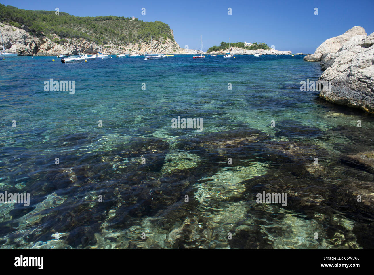 Ibiza, Isole Baleari, Spagna - piccolo villaggio di Port de Sant Miquel. Acqua limpida e alghe. Foto Stock