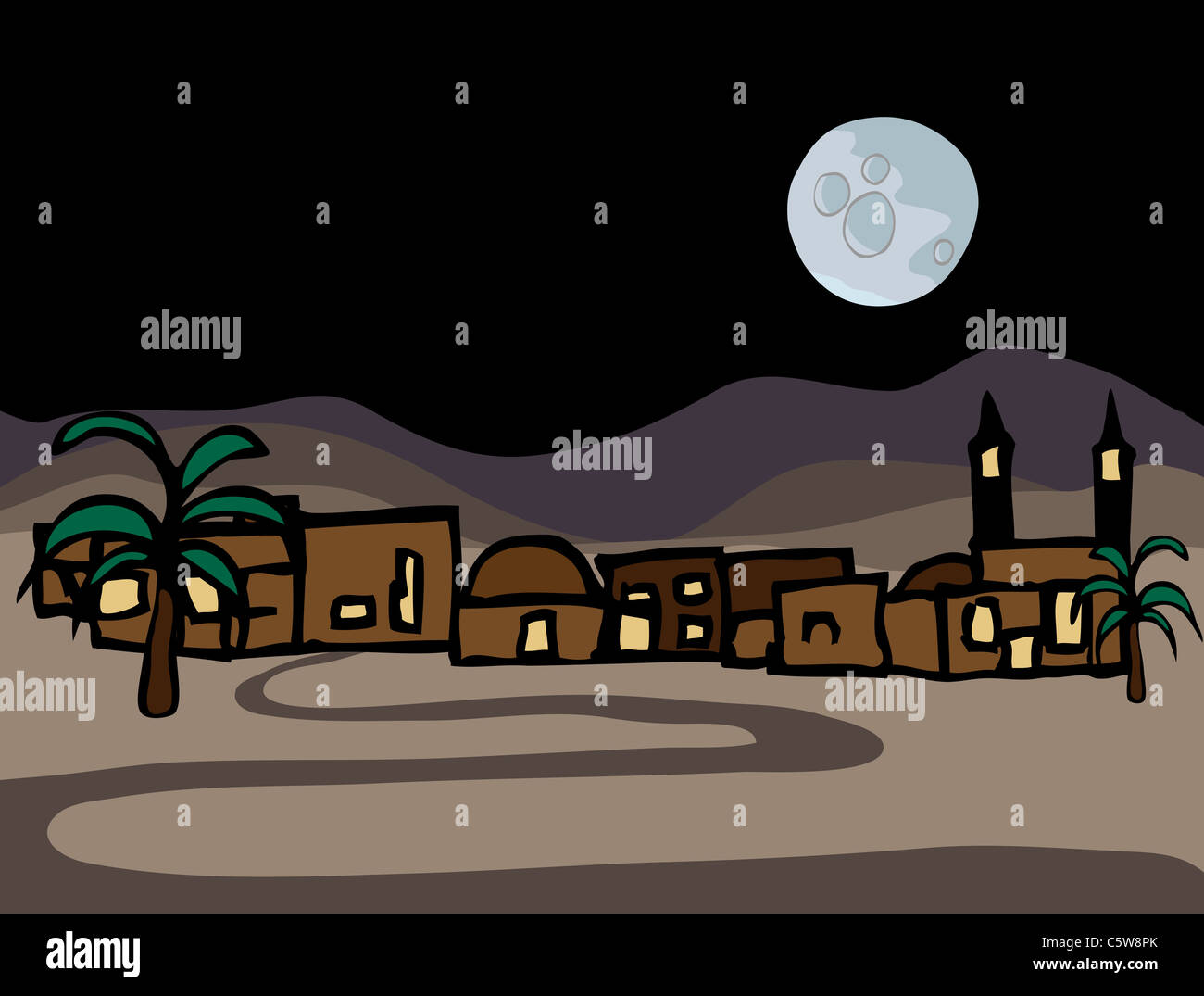 Un piccolo vicino oriente città deserto con la luna piena di notte Foto Stock