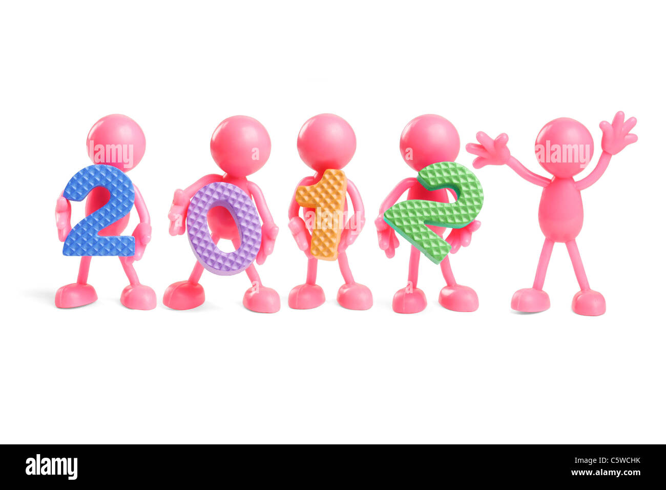 Gomma senza volto figurine holding colorato nuovo anno 2012 Numero blocchi su sfondo bianco Foto Stock