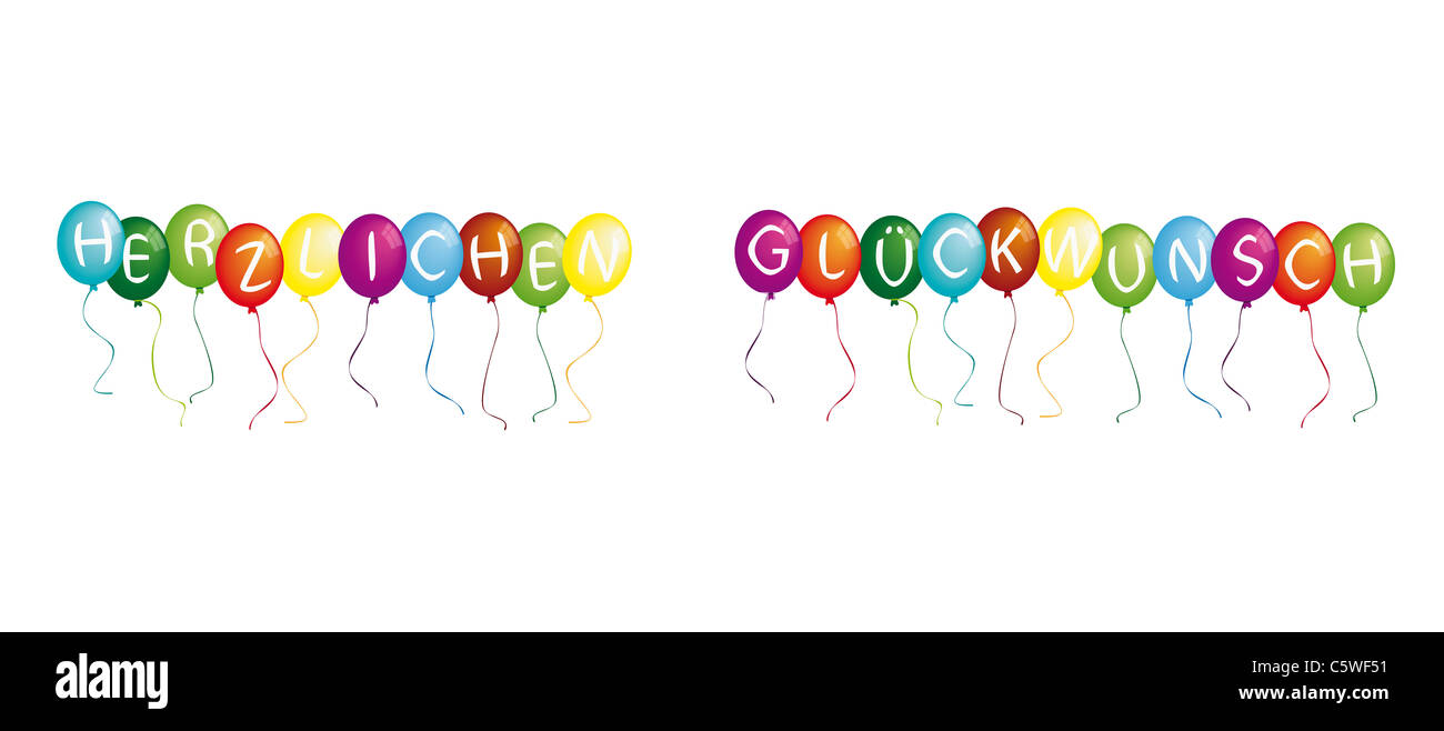 Congratulazioni per palloncini colorati contro uno sfondo bianco Foto Stock