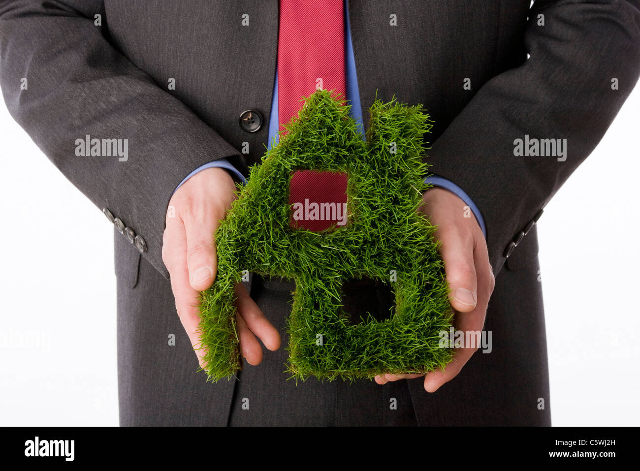 Persona che tiene il simbolo della casa fatta da erba, close-up Foto Stock