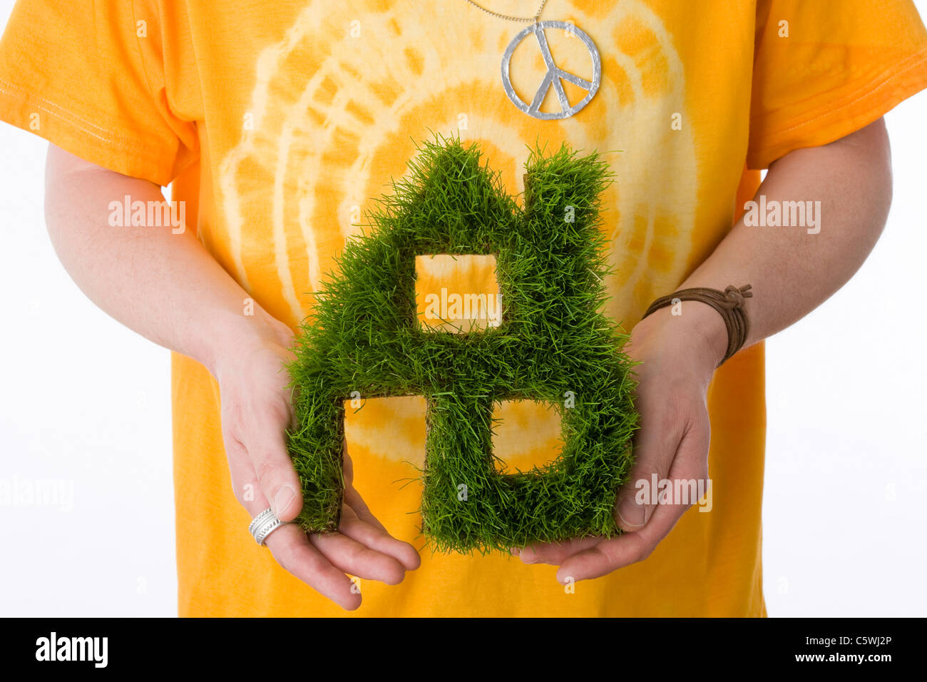 Persona che tiene il simbolo della casa fatta da erba, close-up Foto Stock