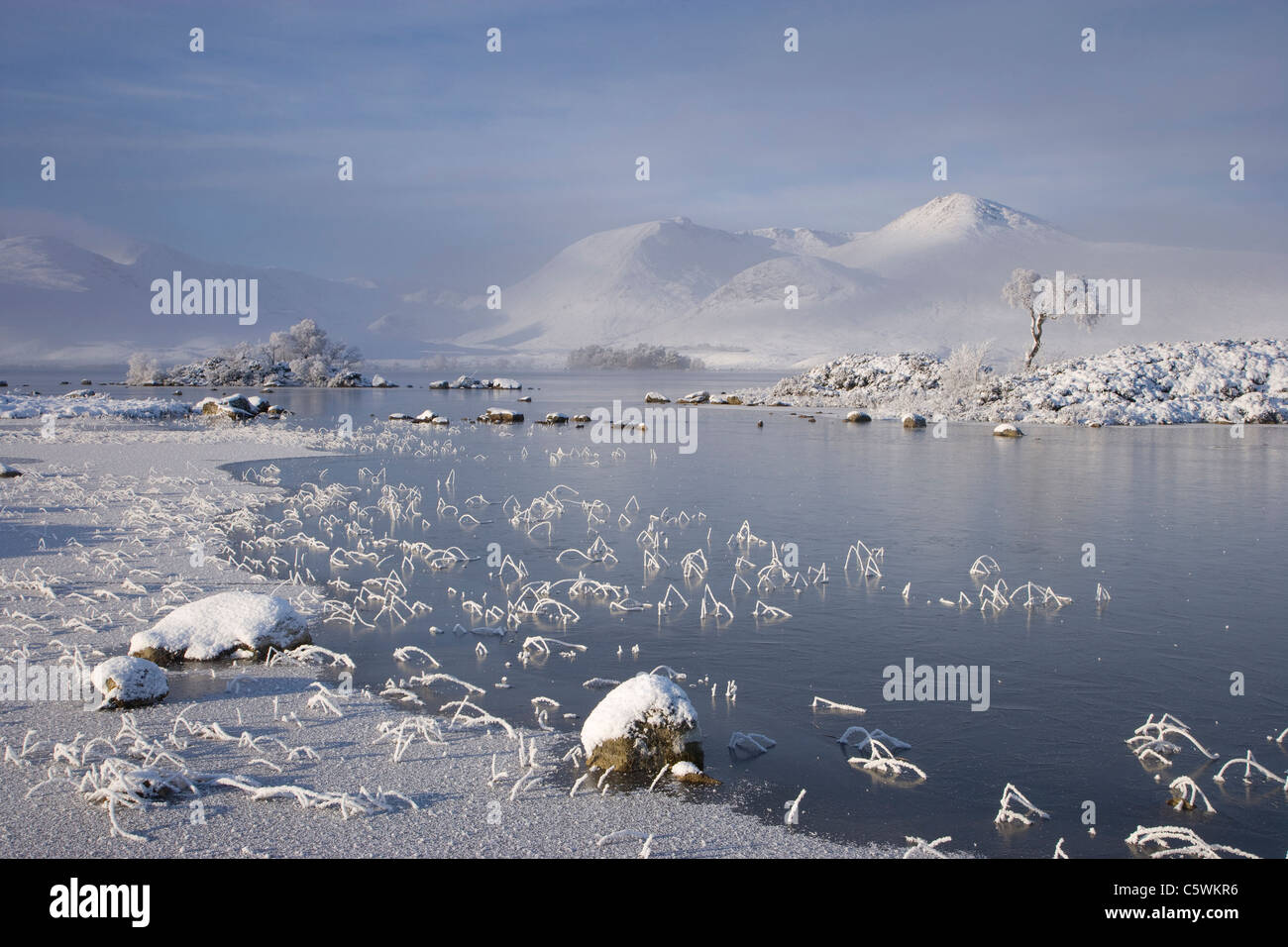 Lochan na h-Achlaise e Clach Leathad (1099 m) in inverno. Rannoch Moor, Highland Scozia, Gran Bretagna. Foto Stock