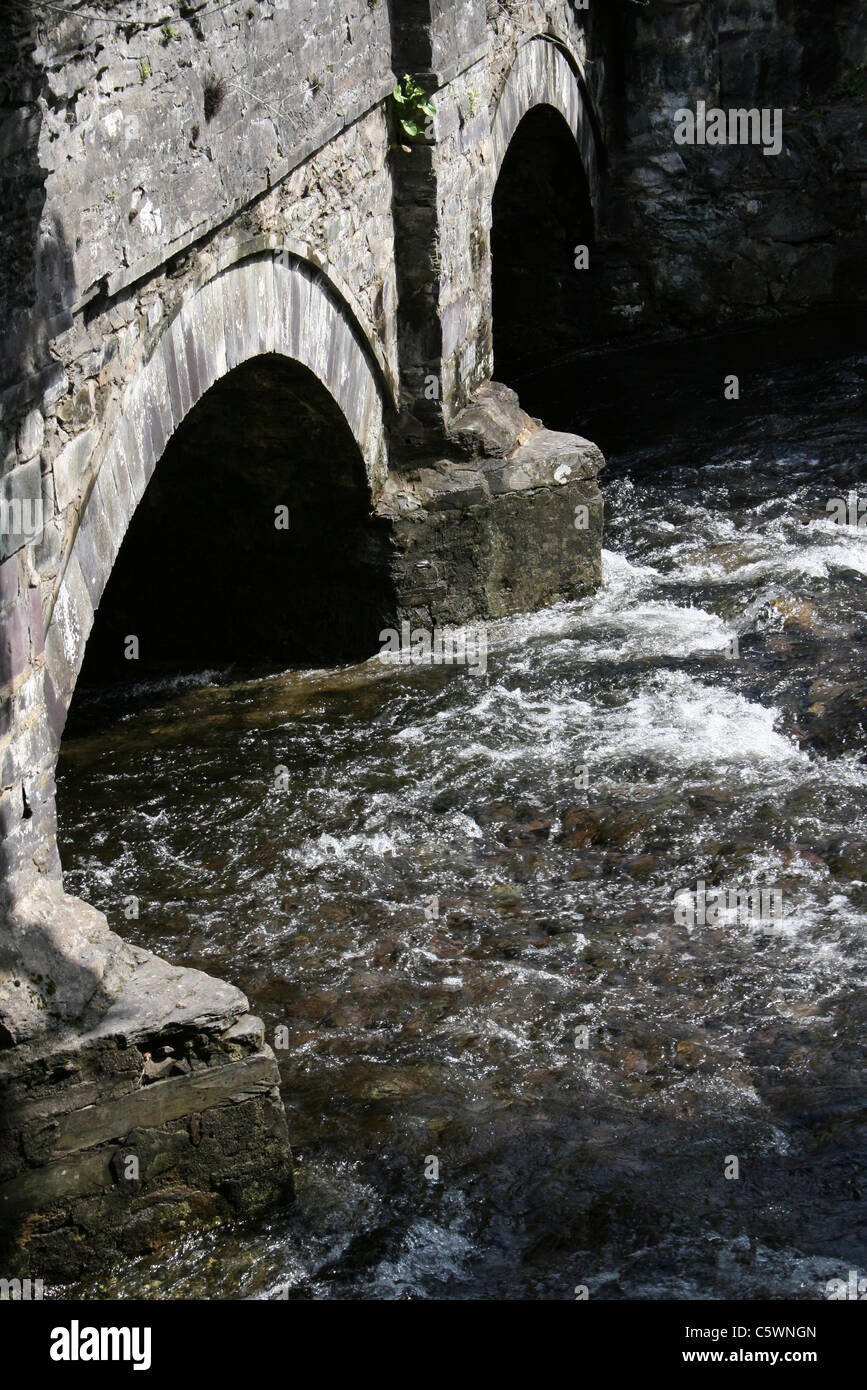 Afon Llafar che scorre sotto una forma ad arco in pietra di ponte, Wales, Regno Unito Foto Stock