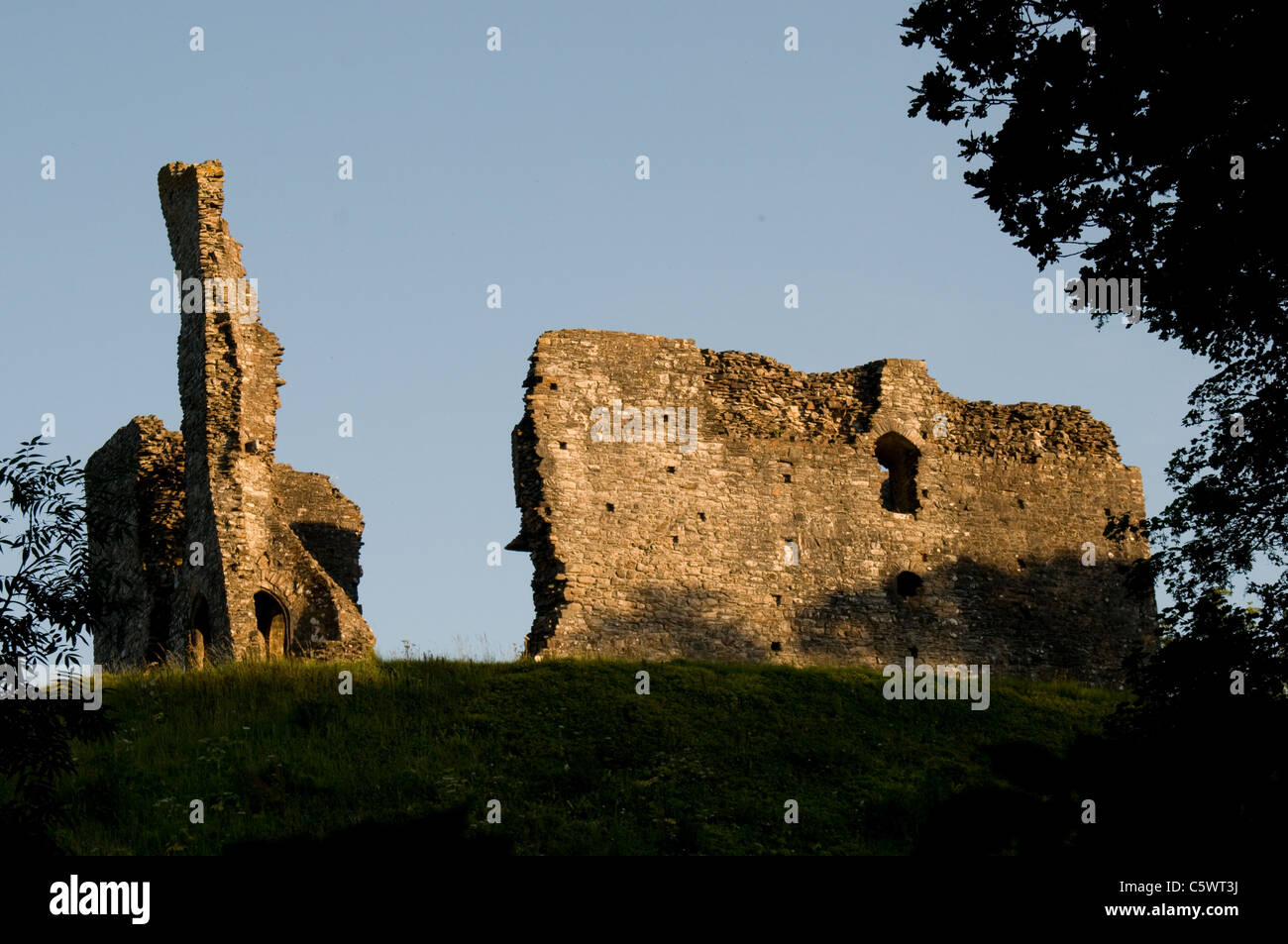 I resti del castello di Okehampton, Devon visto nella luce della sera dalla strada adiacente al sito Foto Stock