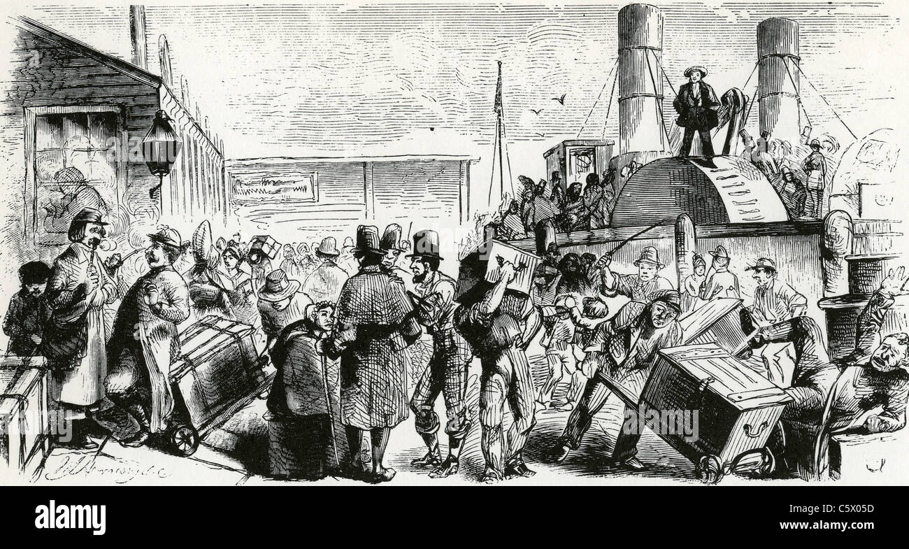 BRITISH immigrati arrivano a New York dal vapore in barca a remi circa 1840 Foto Stock