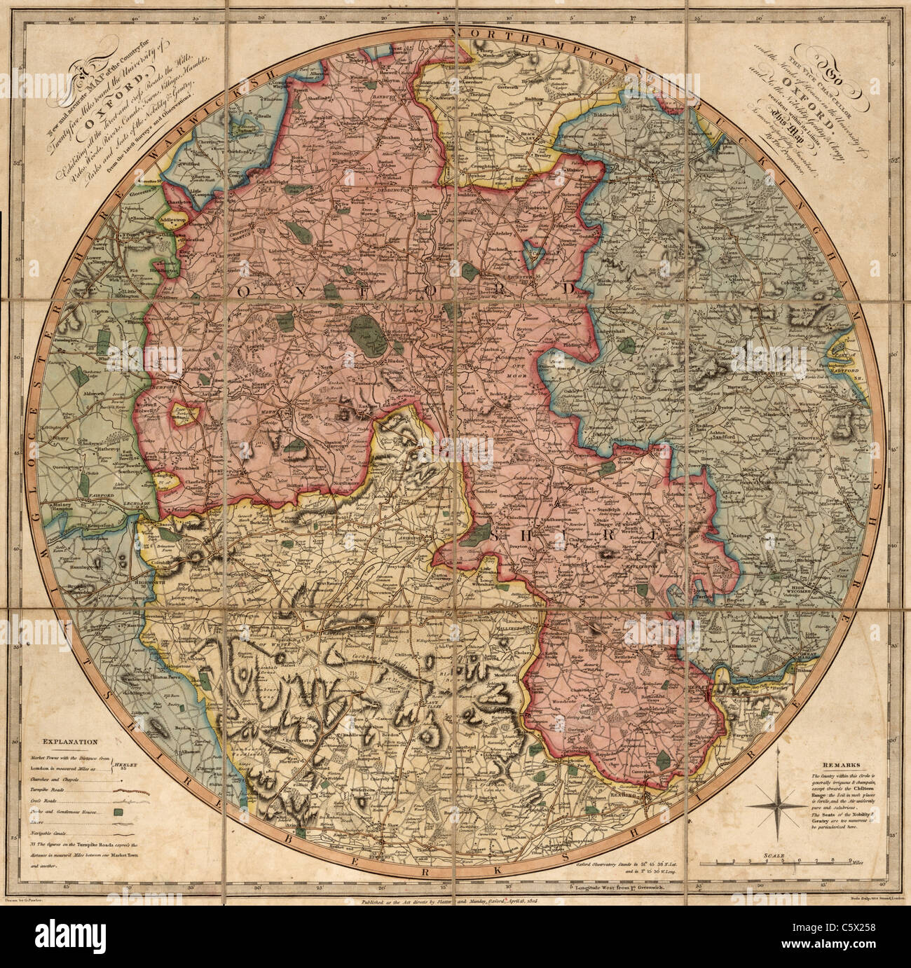 Una nuova e precisa mappa del paese per venticinque miglia intorno alla University of Oxford - Vintage Antiquarian Map Foto Stock