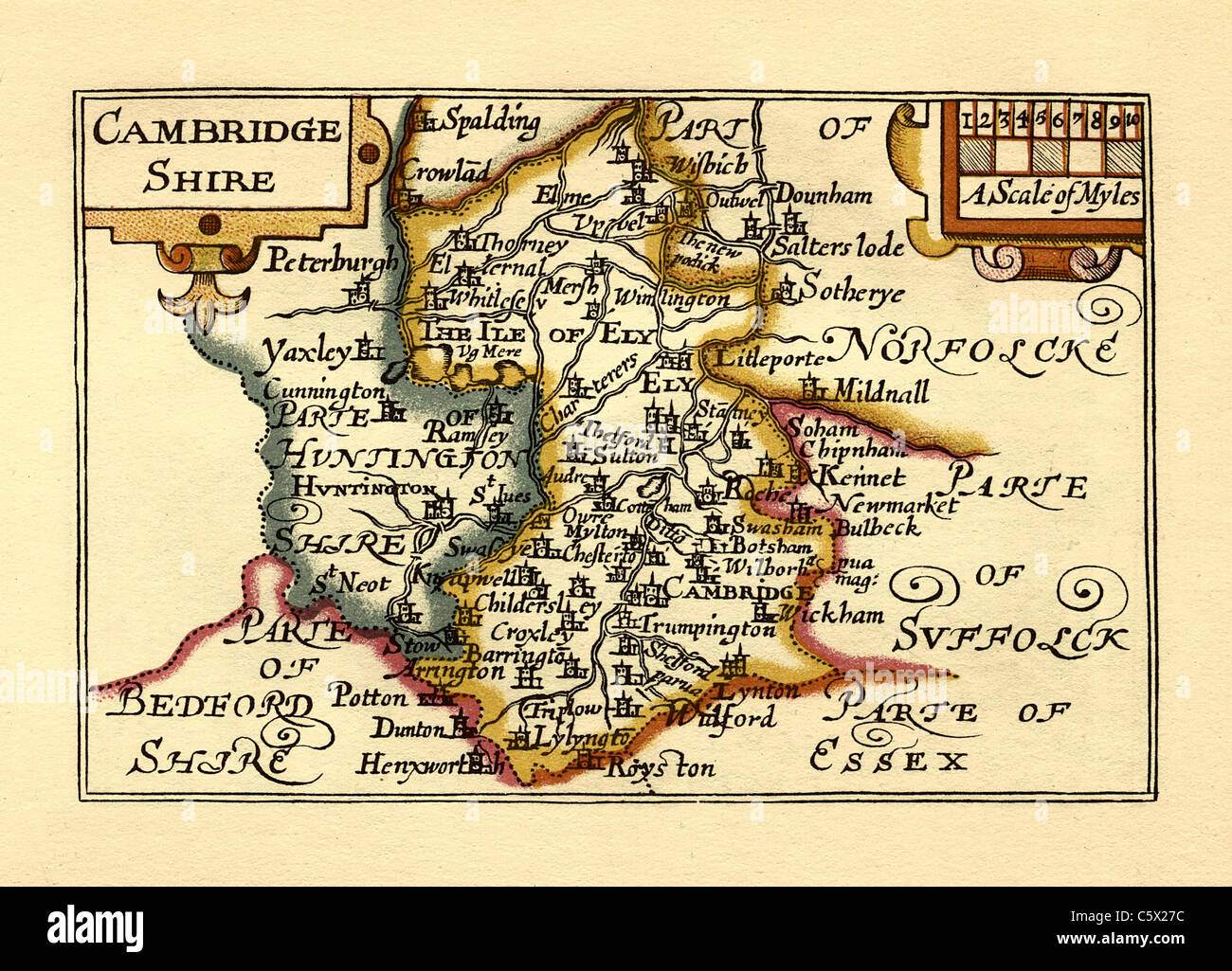 Cambridgeshire - Old English County Map da John velocità, circa 1625 Foto Stock