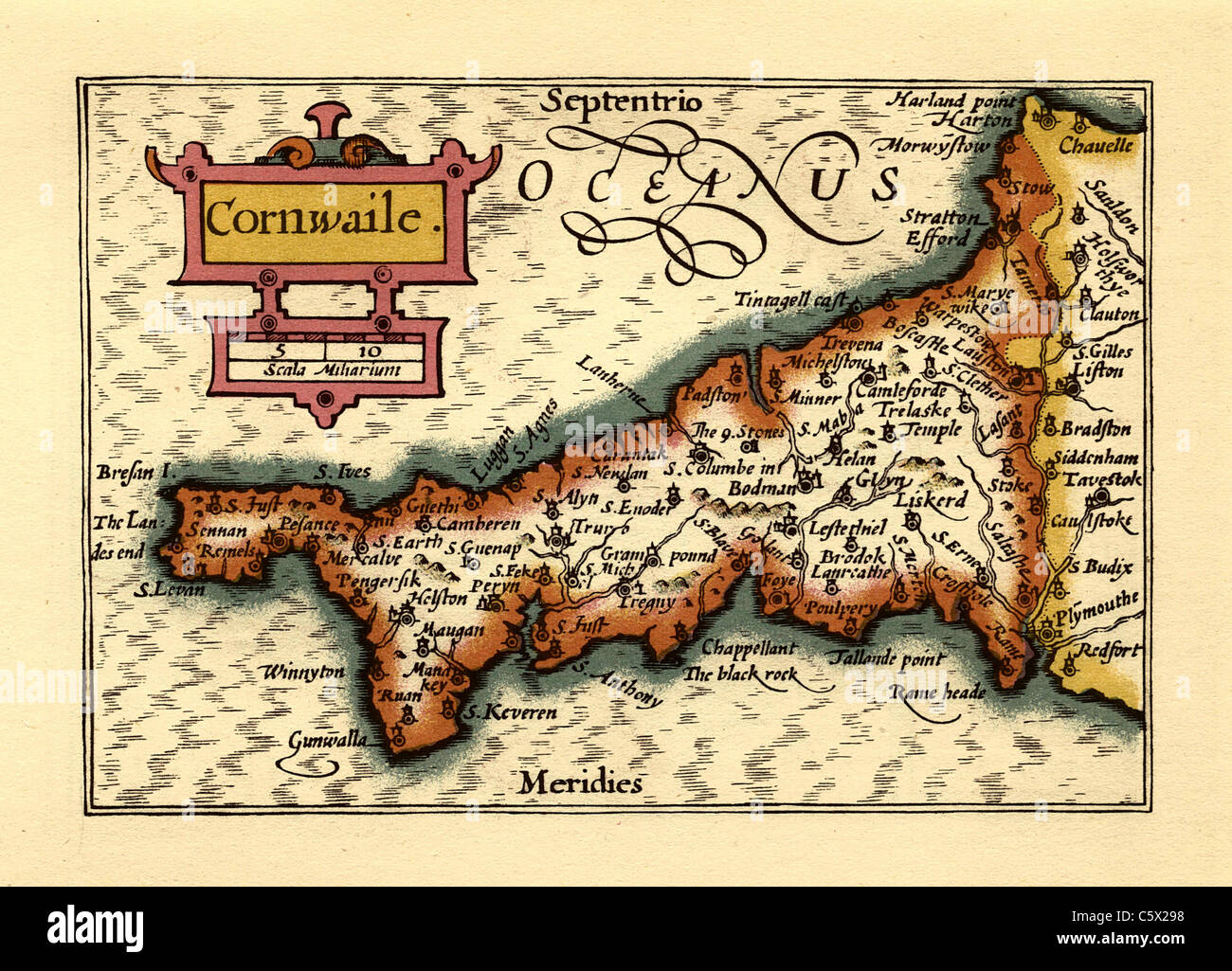 Cornovaglia (Cornwaile) - Old English County Map da John velocità, circa 1625 Foto Stock
