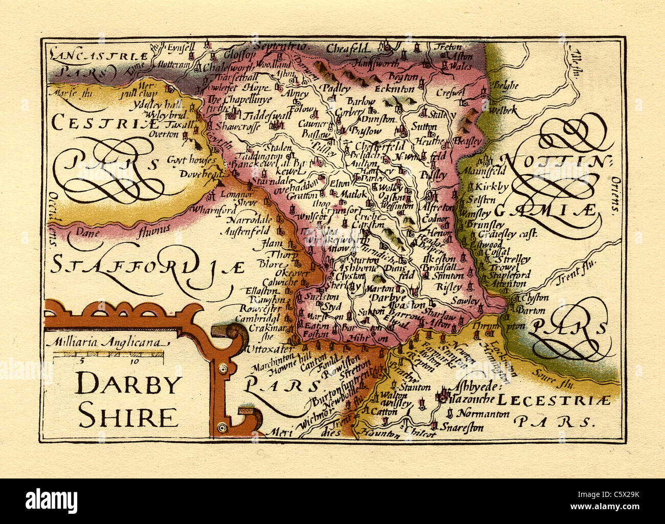Derbyshire (Darbyshire) - Old English County Map da John velocità, circa 1625 Foto Stock