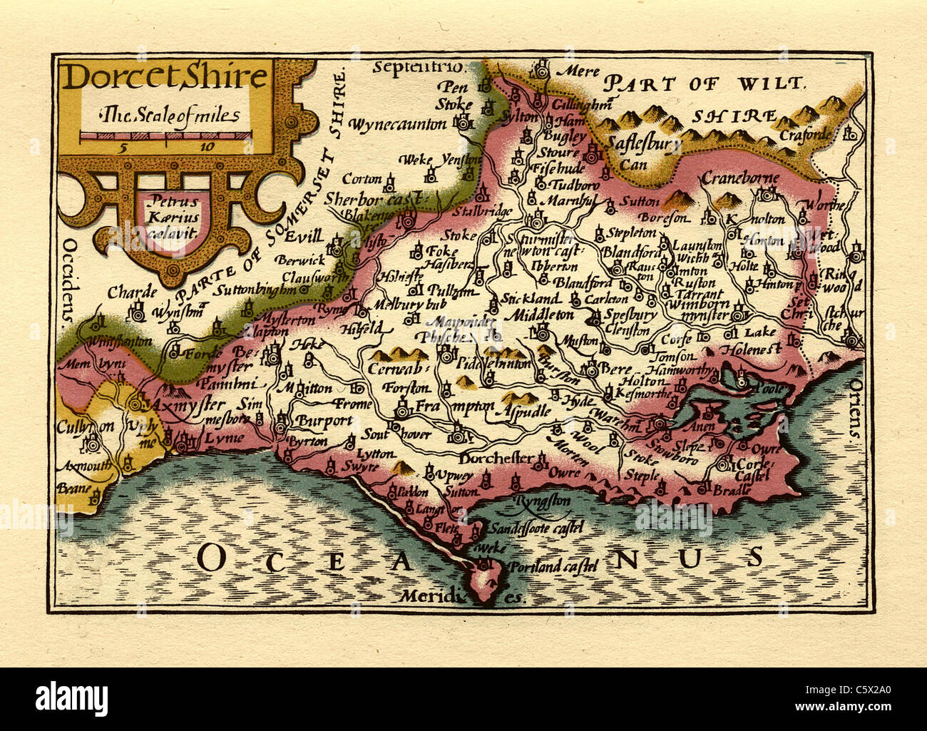 Il Dorset (Dorcetshire o Dorsetshire) - Old English County Map da John velocità, circa 1625 Foto Stock