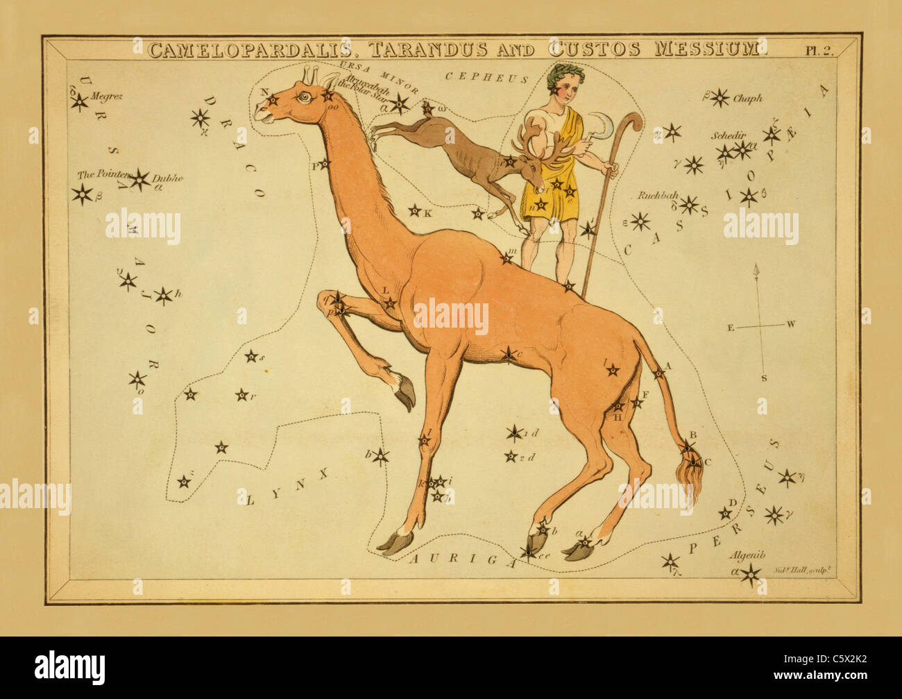 Camelopardalis, Tarandus e Custos Messium - 1825 Grafico astronomico Foto Stock