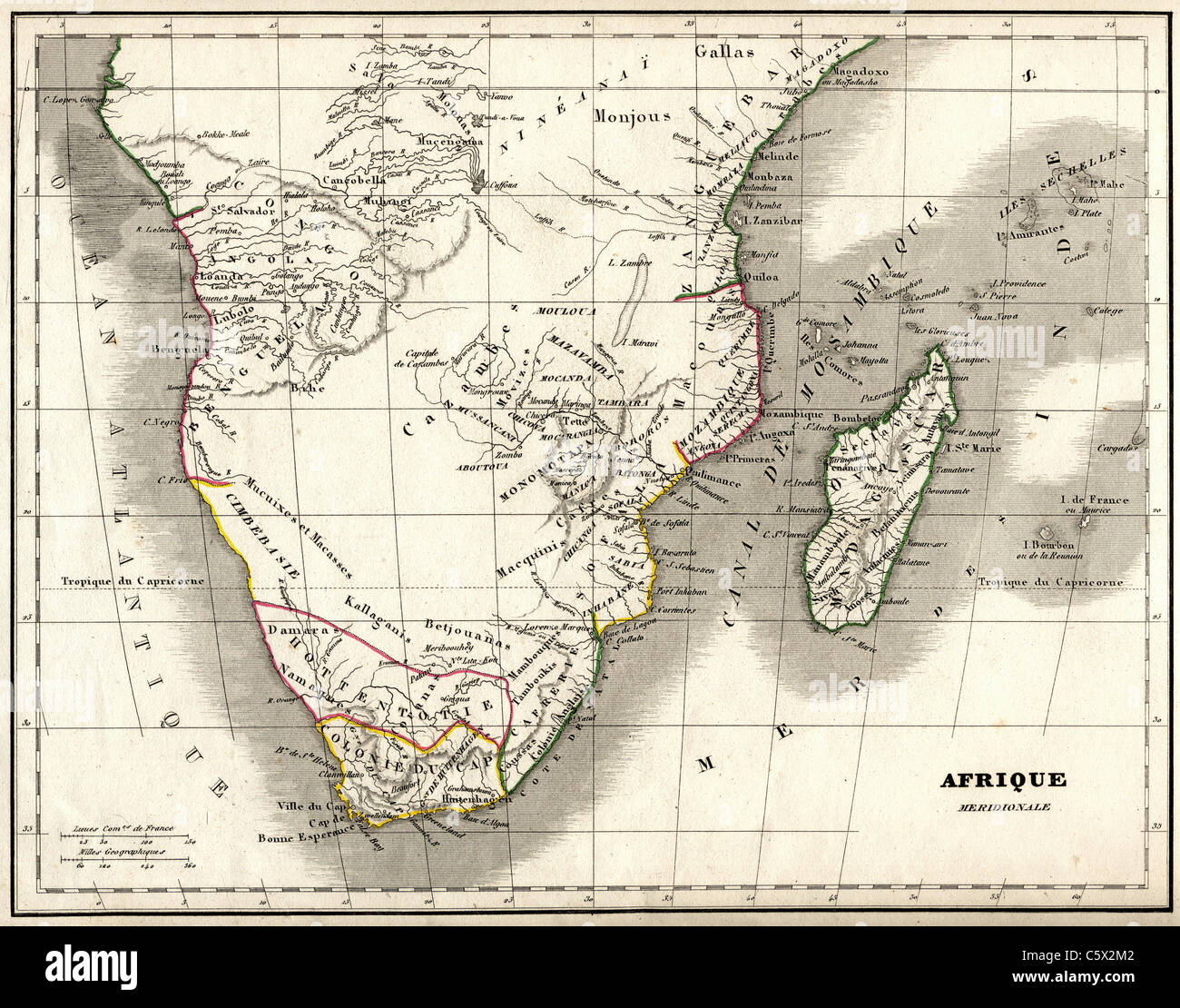 Afrique Meridionale (Sud Africa) antiquario mappa da "Atlas Universel de Geographie Ancienne e Moderne' dal cartografo C. V. Monin Foto Stock