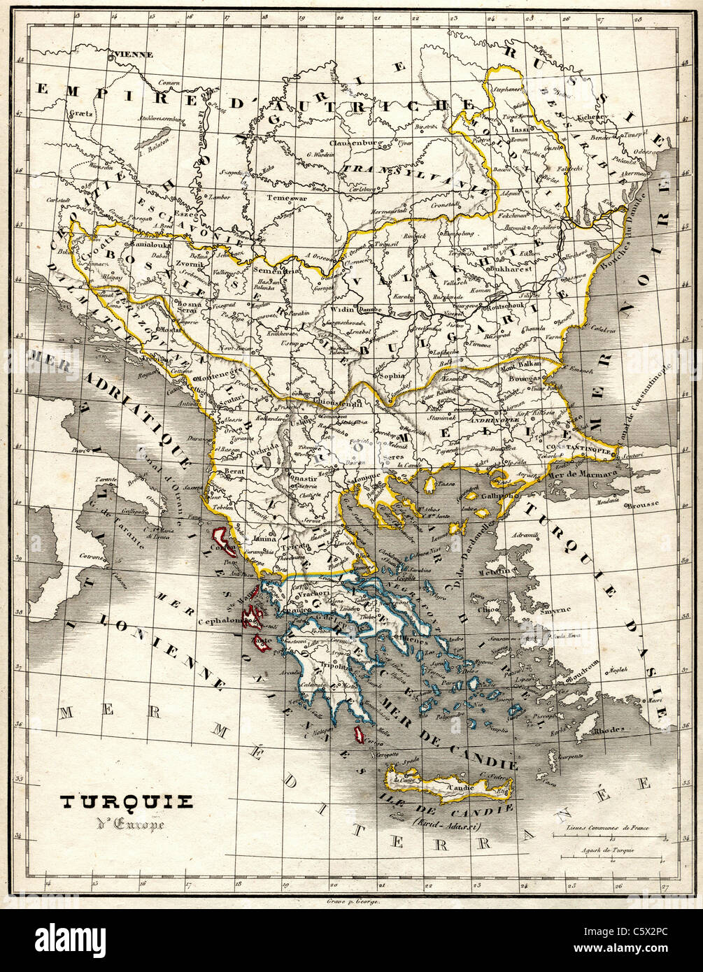 Turquie d'Europa (la Turchia in Europa) Mappa antiquario da 'Atlas Universel de Geographie Ancienne e Moderne' dal cartografo C. V. Monin Foto Stock