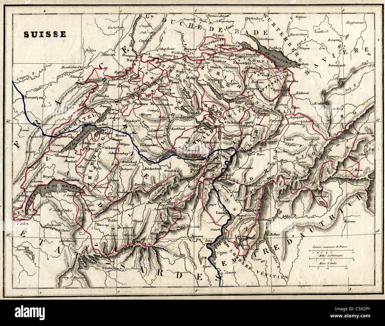 Suisse (Svizzera) Mappa antiquario da 'Atlas Universel de Geographie Ancienne e Moderne' dal cartografo C. V. Monin Foto Stock
