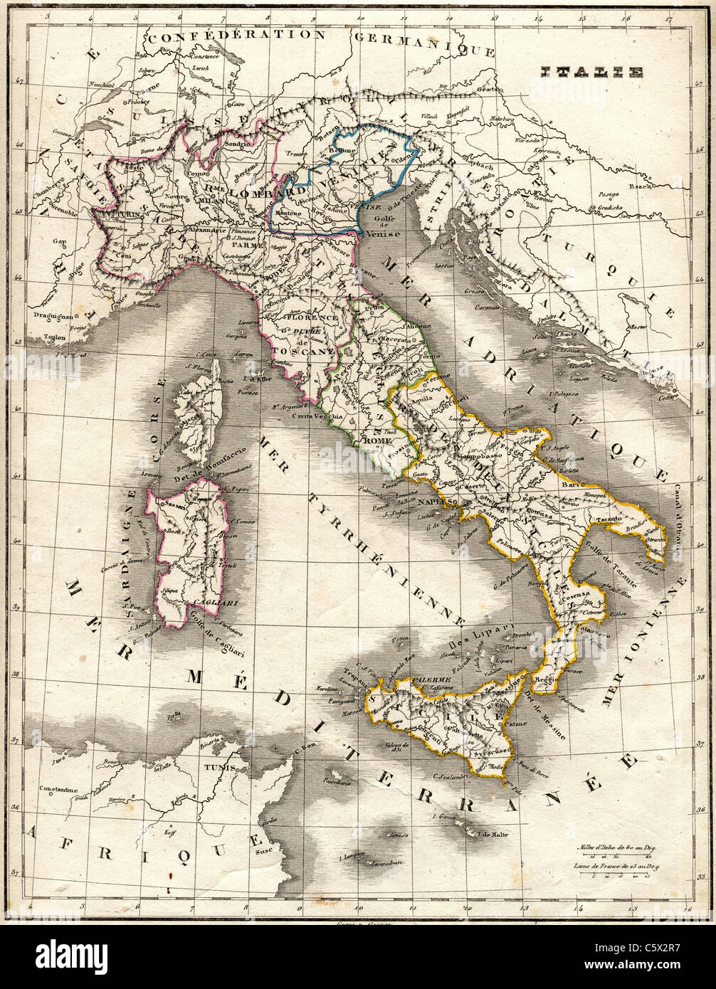 Italie (Italia) Mappa antiquario da 'Atlas Universel de Geographie Ancienne e Moderne' dal cartografo C. V. Monin Foto Stock