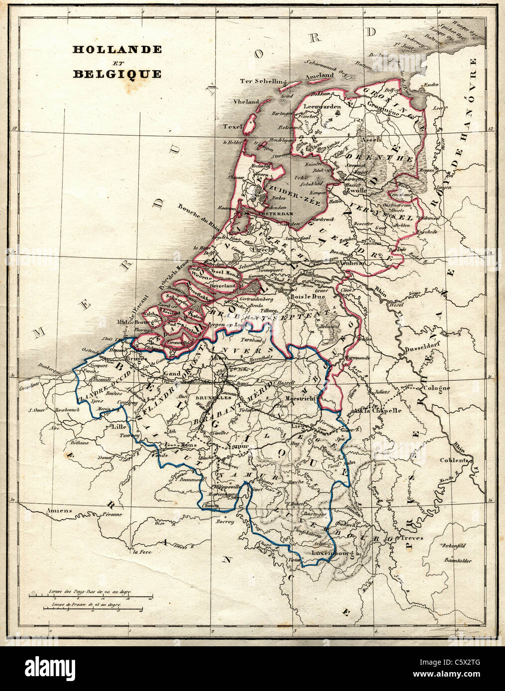 Hollande et Belgique (Olanda e Belgio) Mappa antiquario da 'Atlas Universel de Geographie Ancienne e Moderne' dal cartografo C. V. Monin Foto Stock