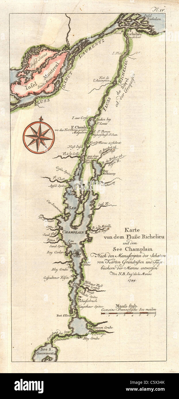 Karte von dem Flusse Richelieu und dem Vedi Champlain, Vintage 1744 carta Antiquaria del fiume Richelieu e del lago Champlain di Jacques Nicolas Bellin Foto Stock