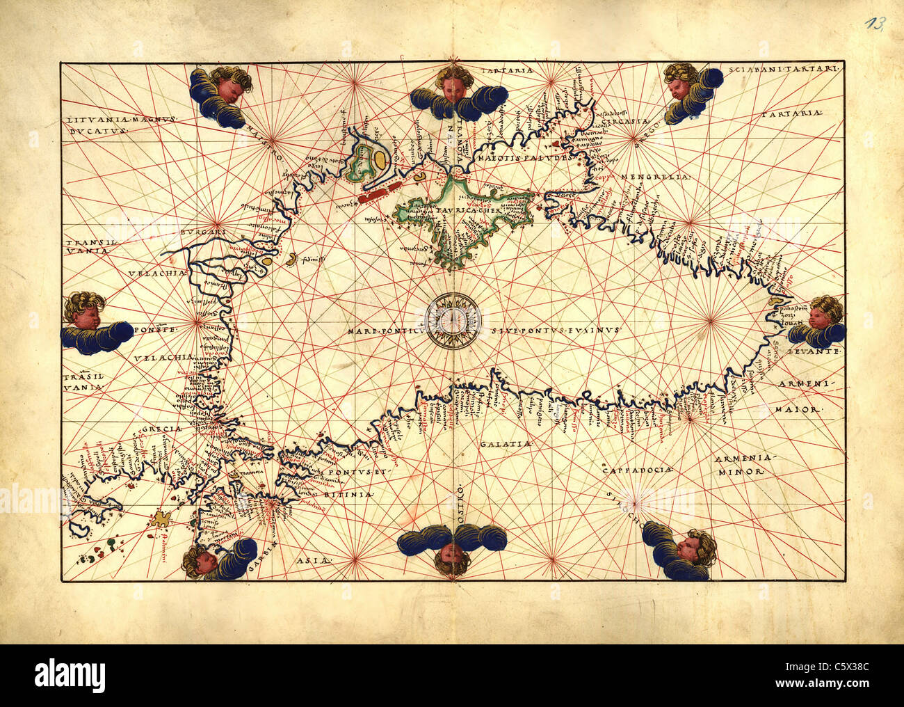 Mar Nero - Mappa antiquario o Portolan grafico dal XVI secolo Portolan Atlas Foto Stock