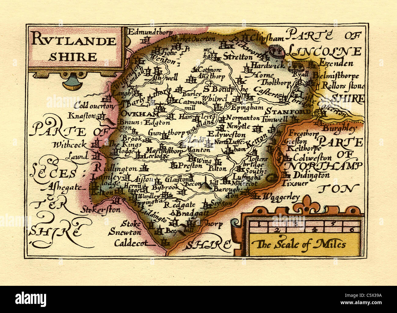 Rutlandeshire (Rutlandshire) - Old English County Map da John velocità, circa 1625 Foto Stock