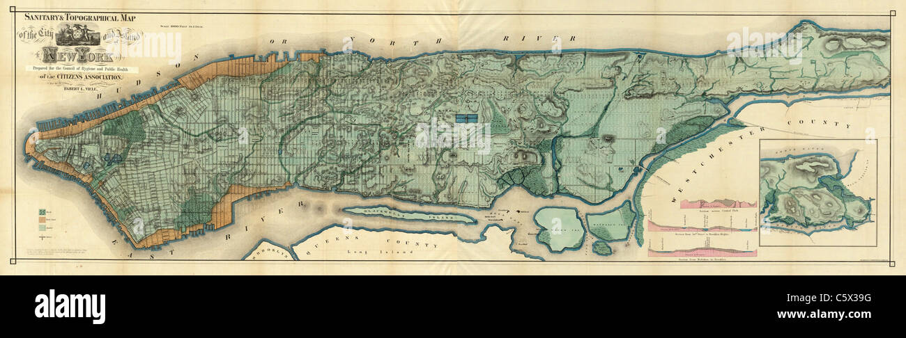 Mappa sanitaria e topografica della città e dell'isola di New York circa 1865 - Vintage Anticharian Mappa di Manhattan Foto Stock
