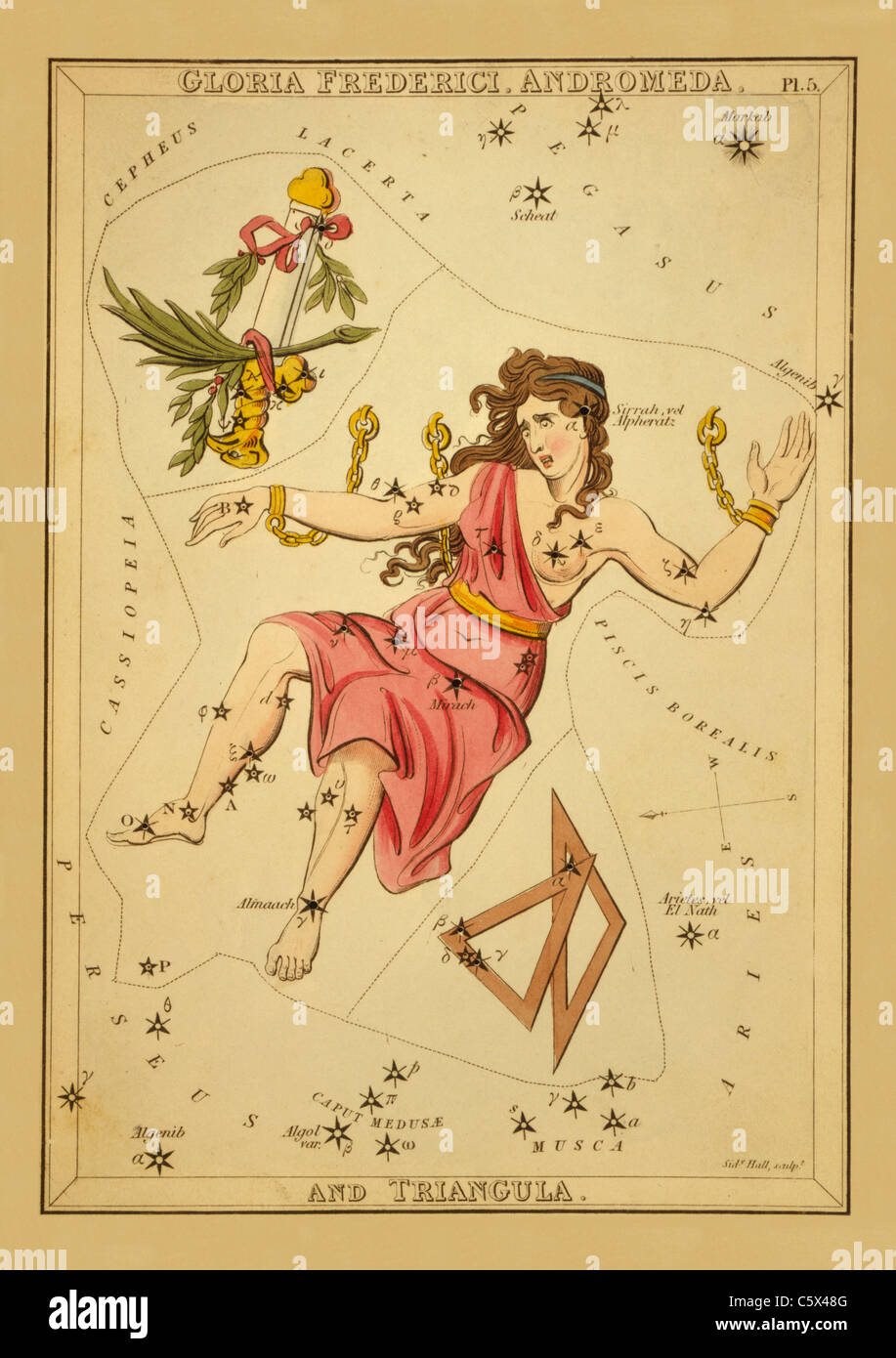 Gloria Frederici, Andromeda e Triangula - 1825 Grafico astronomico Foto Stock