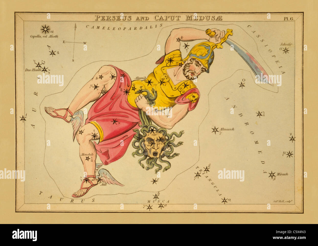 Il Perseus e il caput Medusae - 1825 Grafico astronomico Foto Stock
