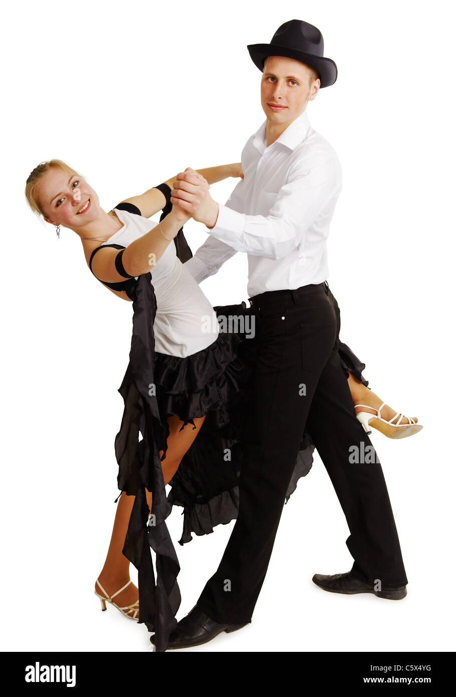 Dancing coppia giovane isolato su sfondo bianco Foto Stock