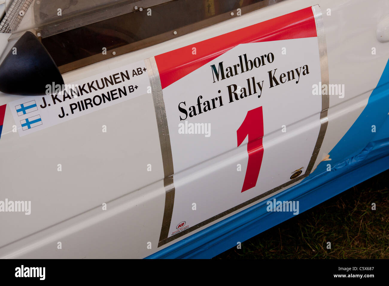 Il lato della leggenda finlandese Juha Kankkunen's Lancia Delta Safari Rally Car Foto Stock