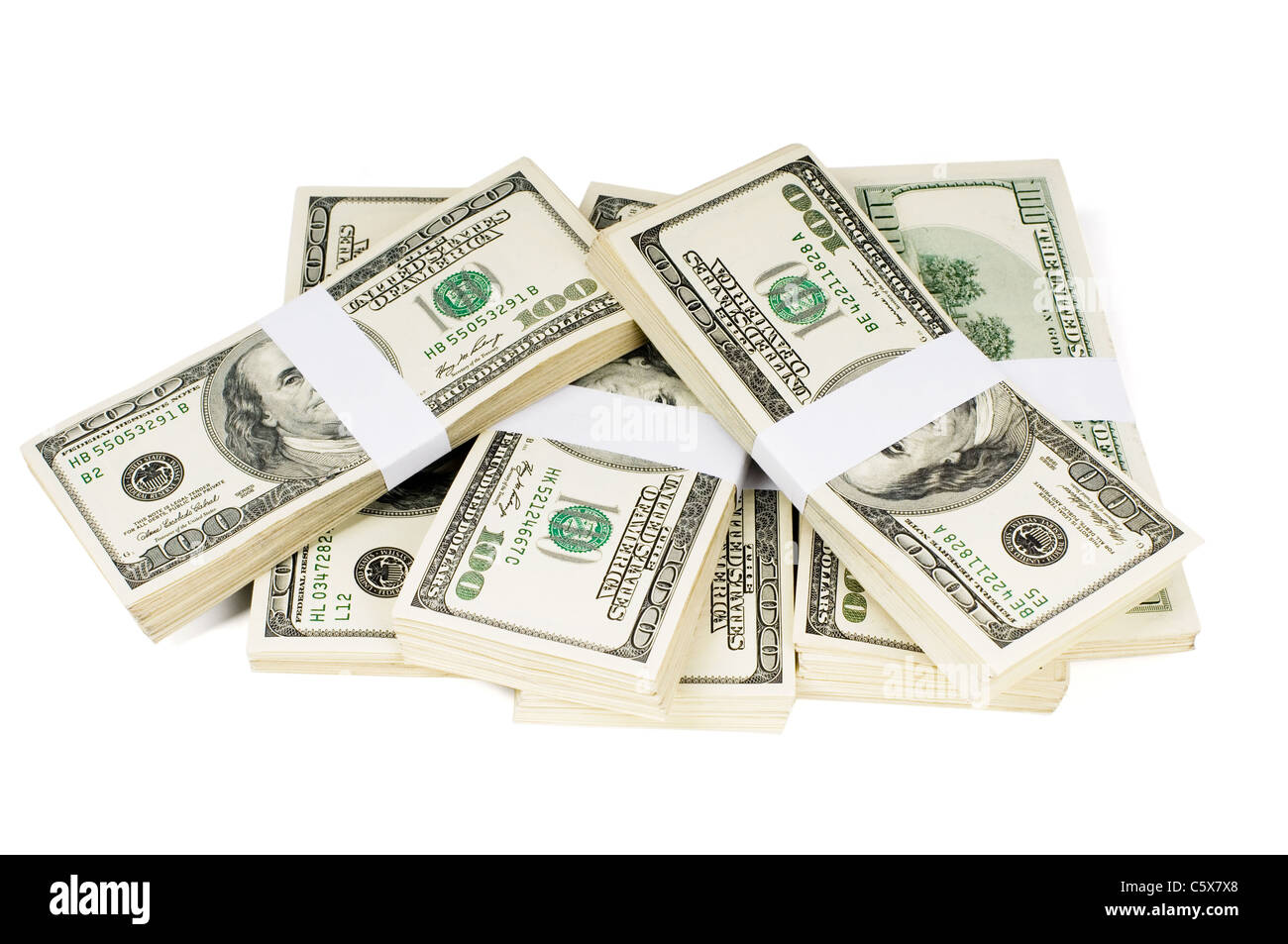 Isolato di pile di denaro Foto Stock