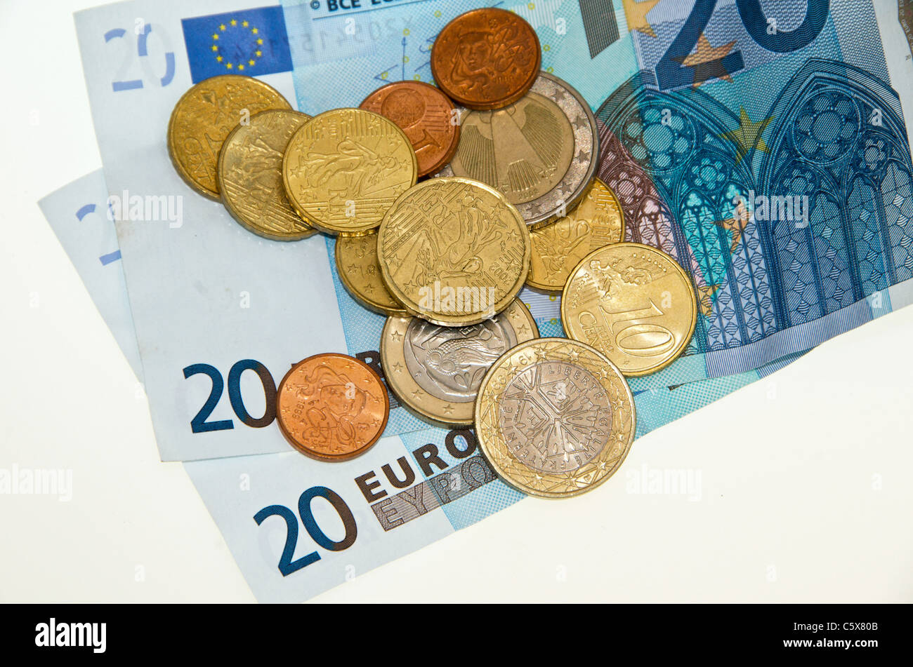 Valuta Euro monete e banconote Foto Stock