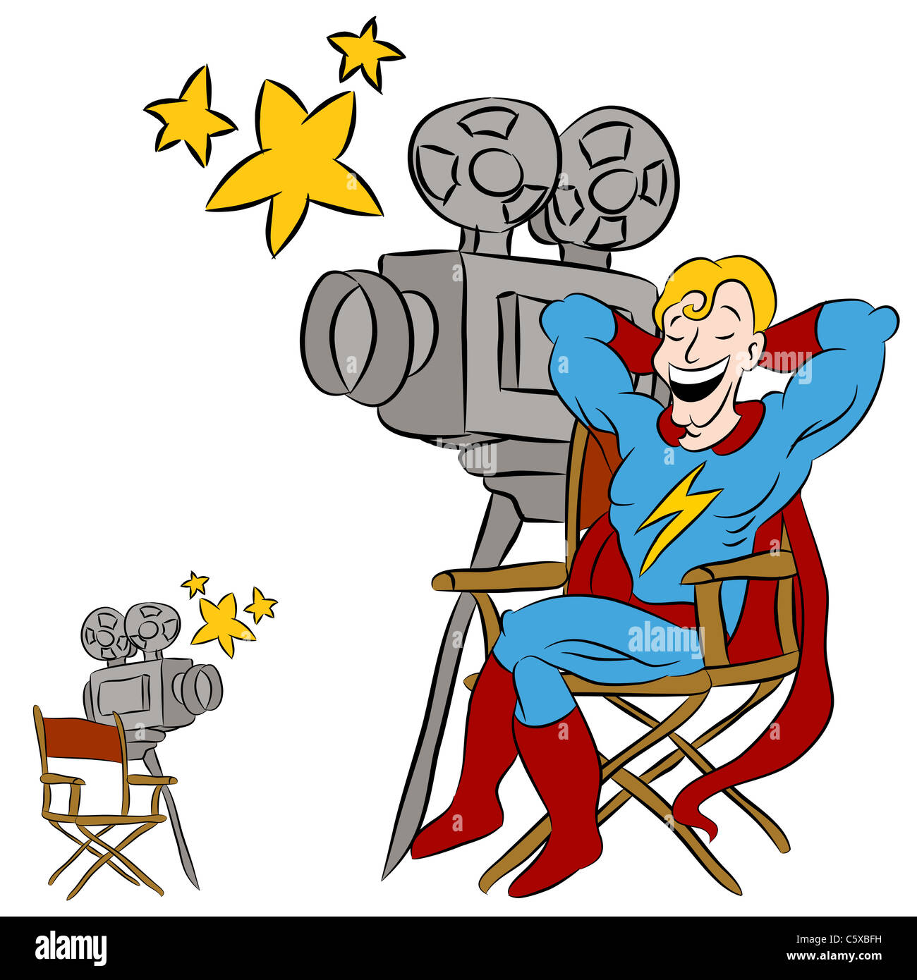 Una immagine di un supereroe star seduti in poltrona regista e macchina fotografica del film. Foto Stock
