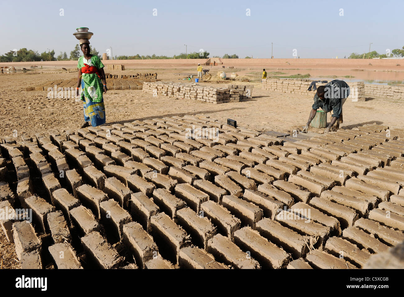 Africa MALI Mopti , architettura di argilla - lavoratore fare mattoni di argilla per la costruzione Foto Stock
