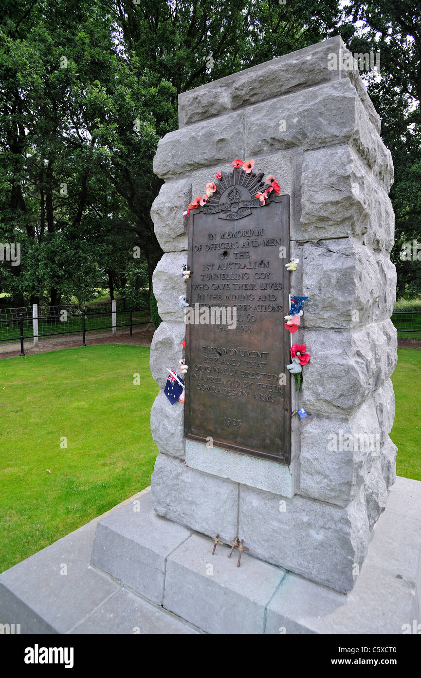 La prima guerra mondiale un memoriale per la prima australiana Società di tunnelling in WWI Hill 60 alla Zillebeke, Fiandre Occidentali, Belgio Foto Stock
