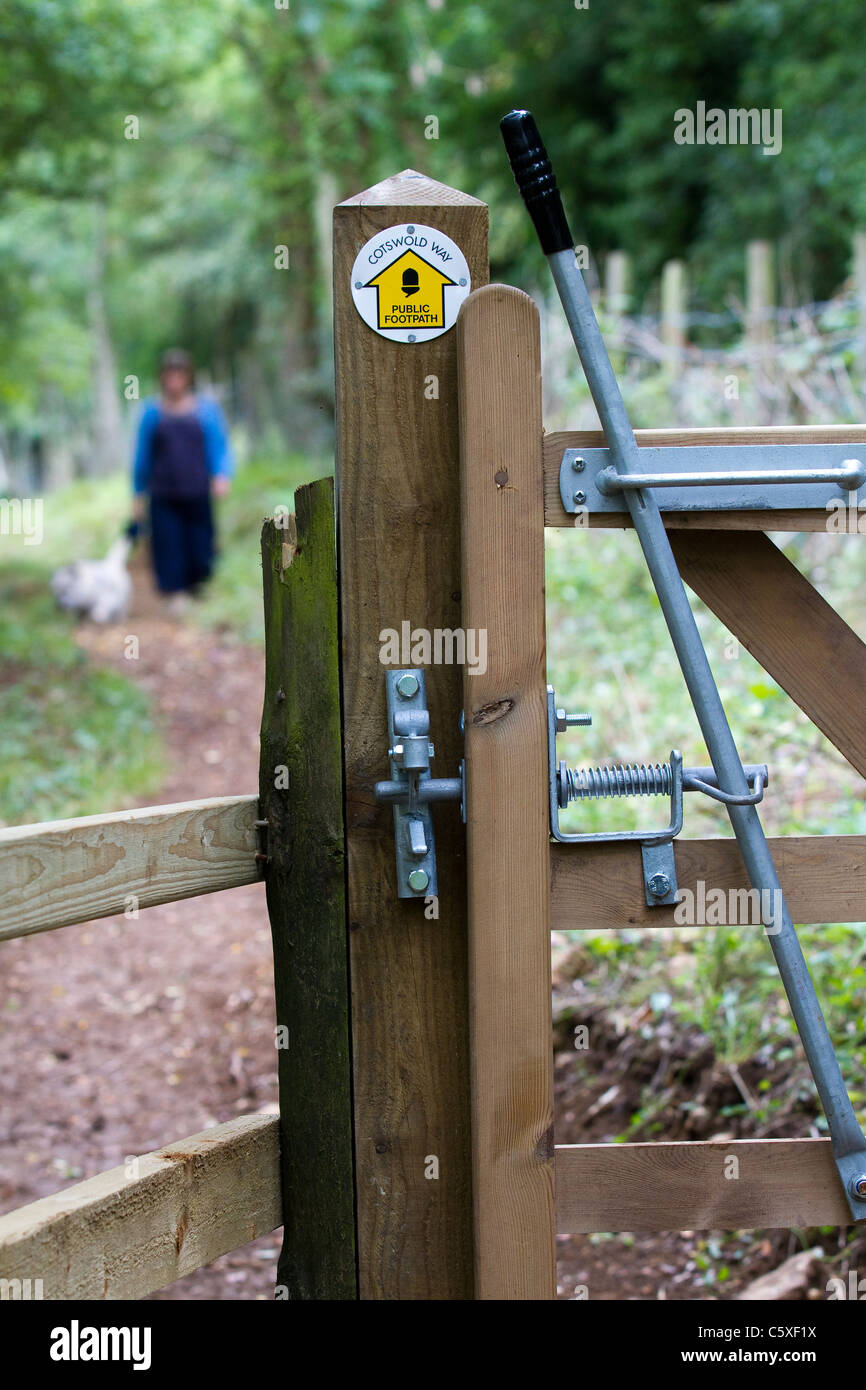 Una donna e il cane a camminare lungo il Cotswold modo in Gloucestershire Foto Stock