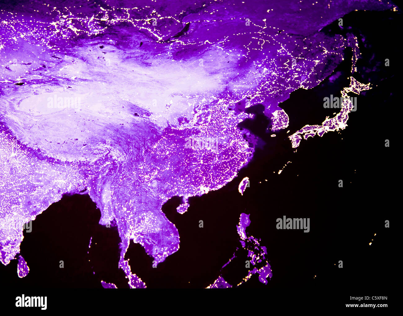 Immagine satellitare di notte le luci dell'Asia Foto Stock