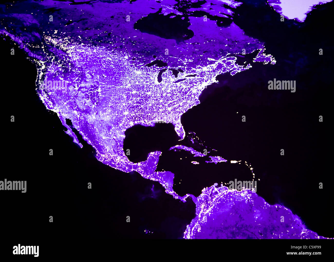 Immagine satellitare di notte le luci del Nord e Centro America Foto Stock