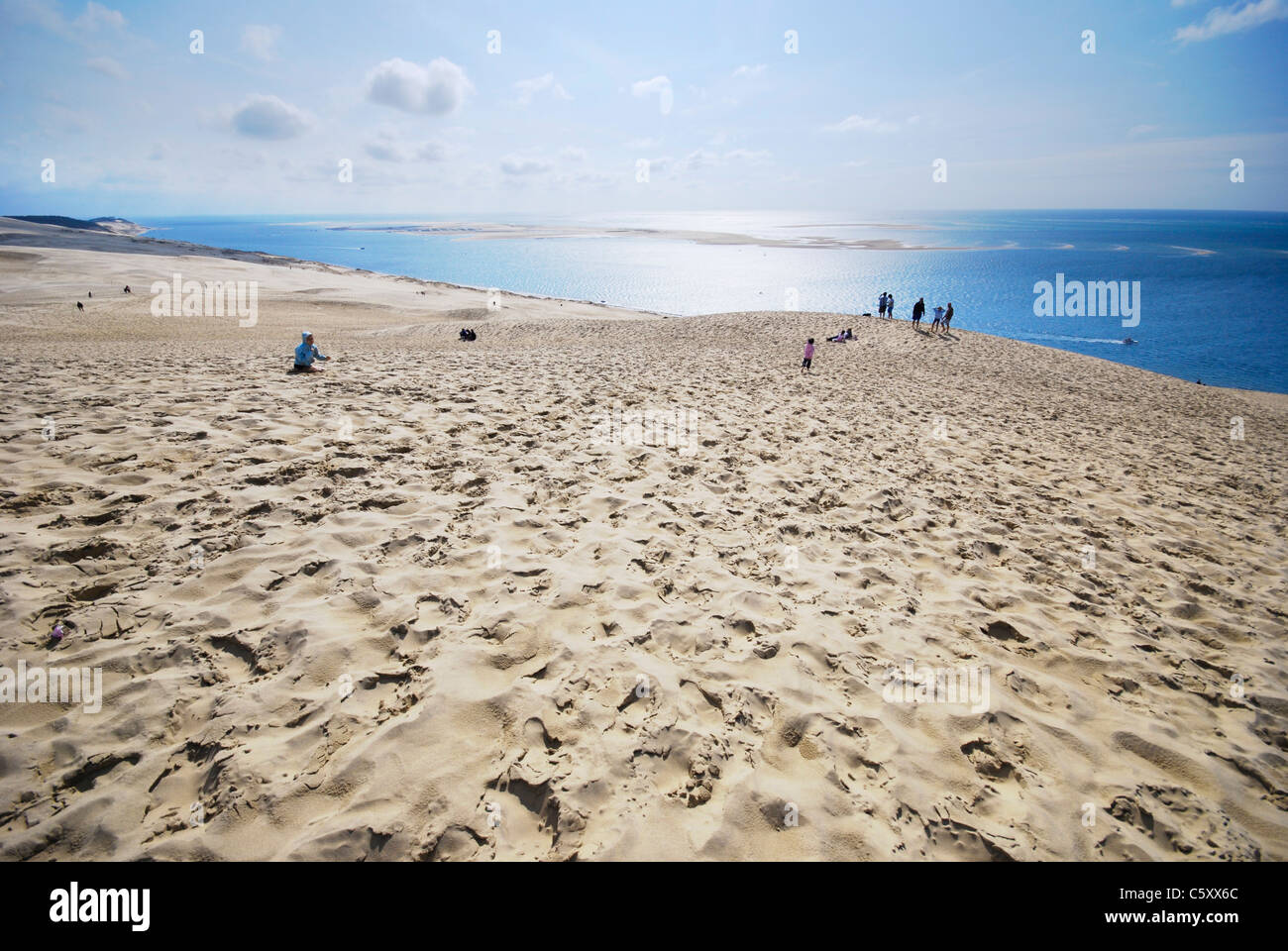 Vista dalla duna di Pilat (aka Duna del Pyla) dalla baia di Arcachon, Francia, la più grande duna di sabbia in Europa: 107 m di altezza e 3 km di lunghezza. Foto Stock