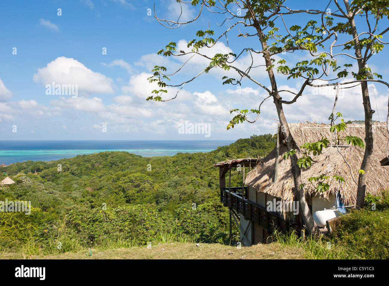 Edificio con tetto di paglia sulla collina verde che si affaccia sul Mare dei Caraibi sulla isola di Roatan in Honduras Foto Stock