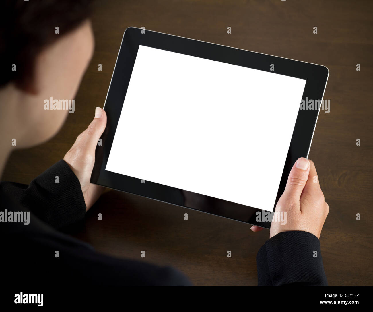Business Woman holding blank dispositivo touchscreen. Foto Stock
