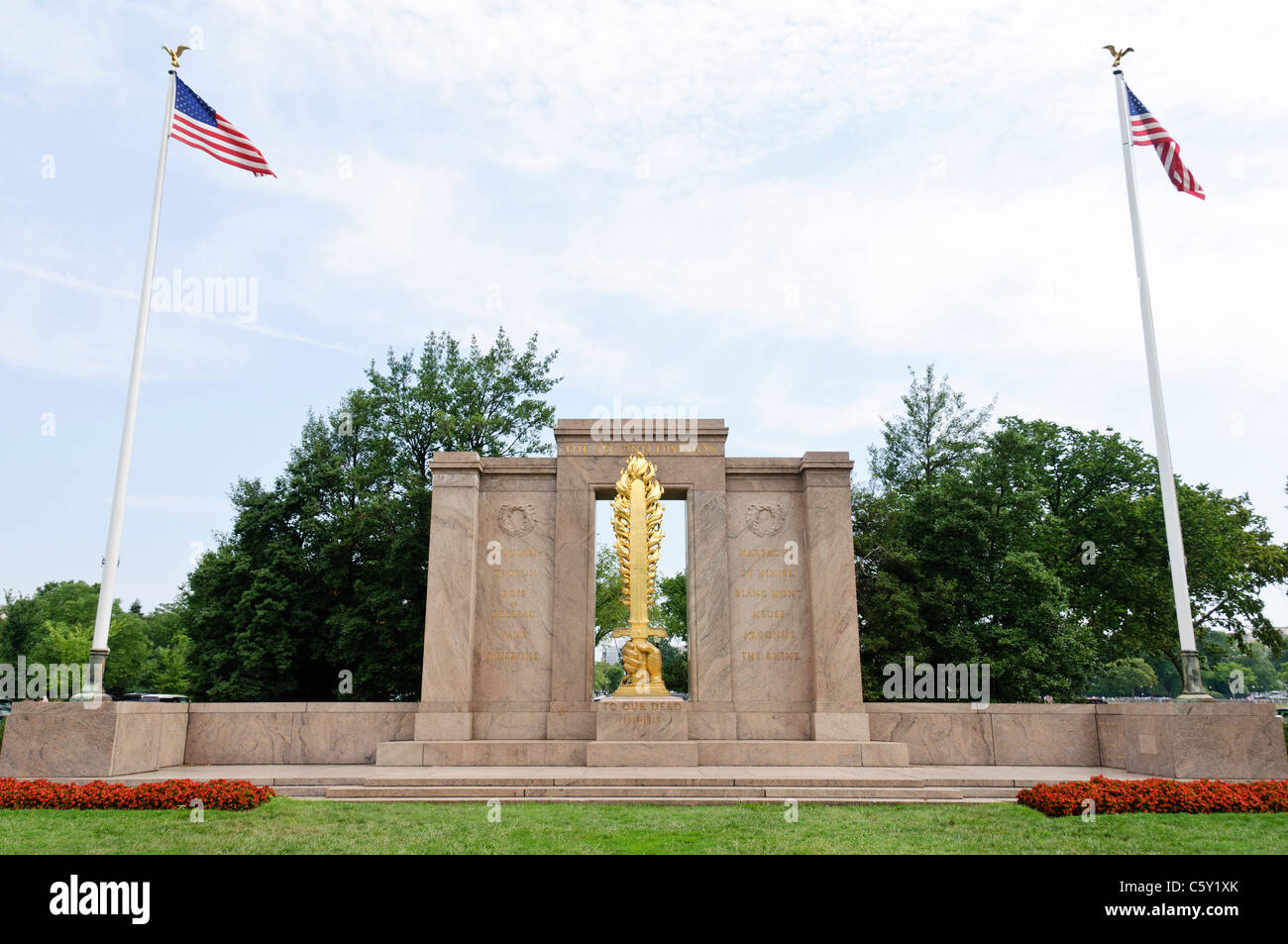 La Seconda Divisione nel memoriale del Presidente parco vicino all'ellisse e non lontano dalla Casa Bianca. Essa commemora coloro che morirono servendo nella seconda divisione di fanteria dell'esercito degli Stati Uniti. Foto Stock