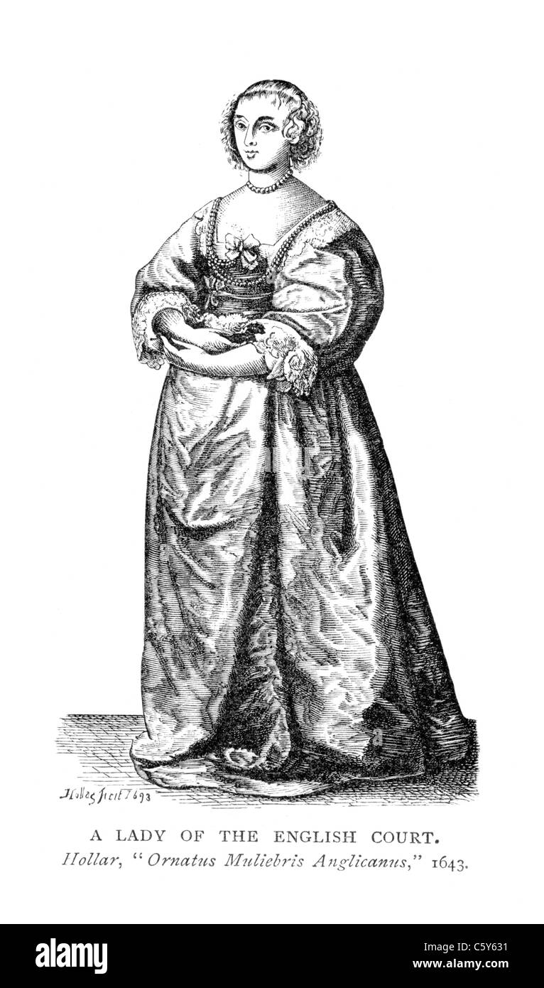 Una dama di corte inglese da 'Ornatus Muliebris Anglicanus' da Wenceslaus Hollar, 1643 ; in bianco e nero illustrazione; Foto Stock