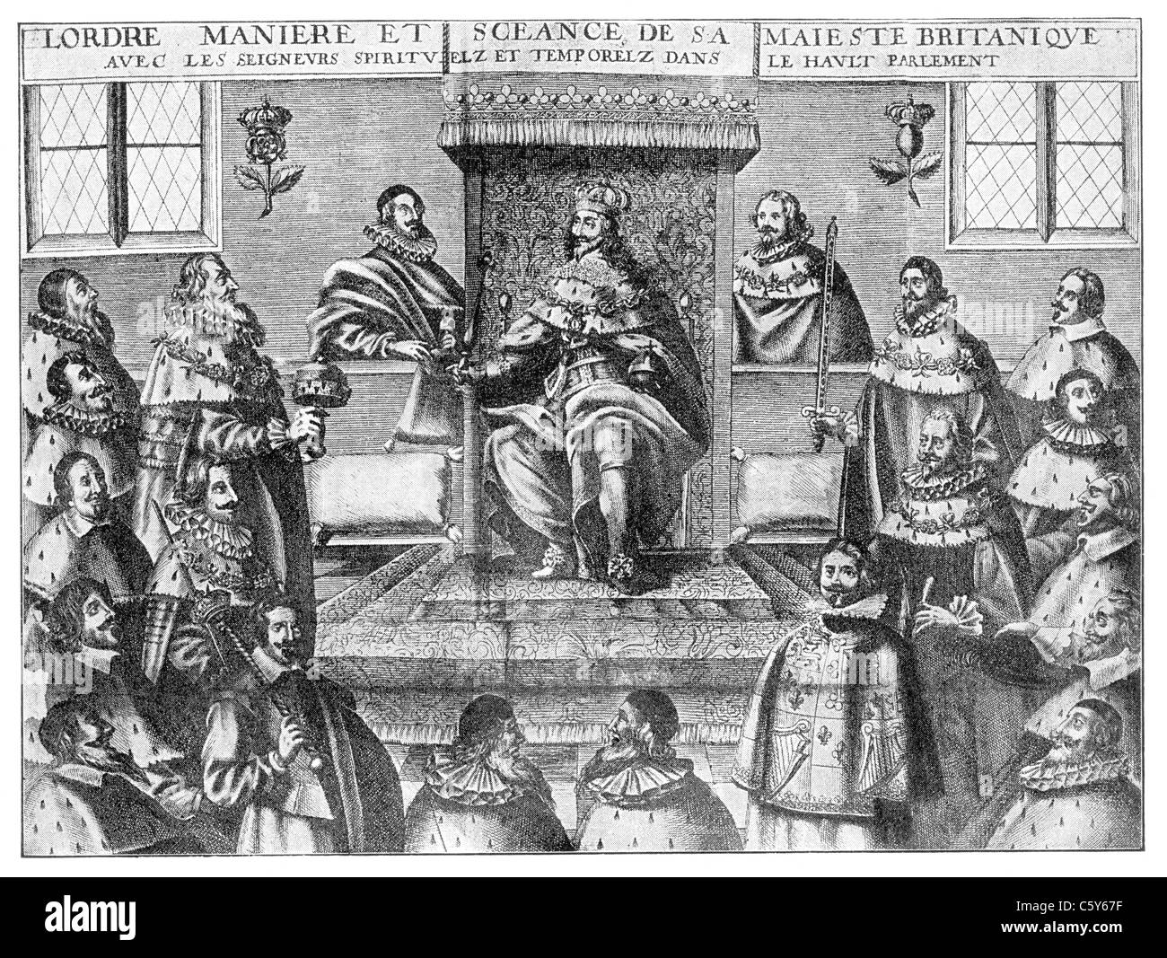 Re Carlo I nella Camera dei Lords; 'Discours du bon et loial oggetto de la Grand Bretagne' 1648; Bianco e Nero illustrazione Foto Stock
