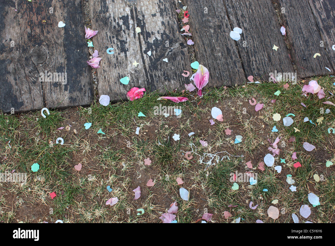 Coriandoli a un matrimonio in estate, caduto in legno a trama ed erba verde Foto Stock