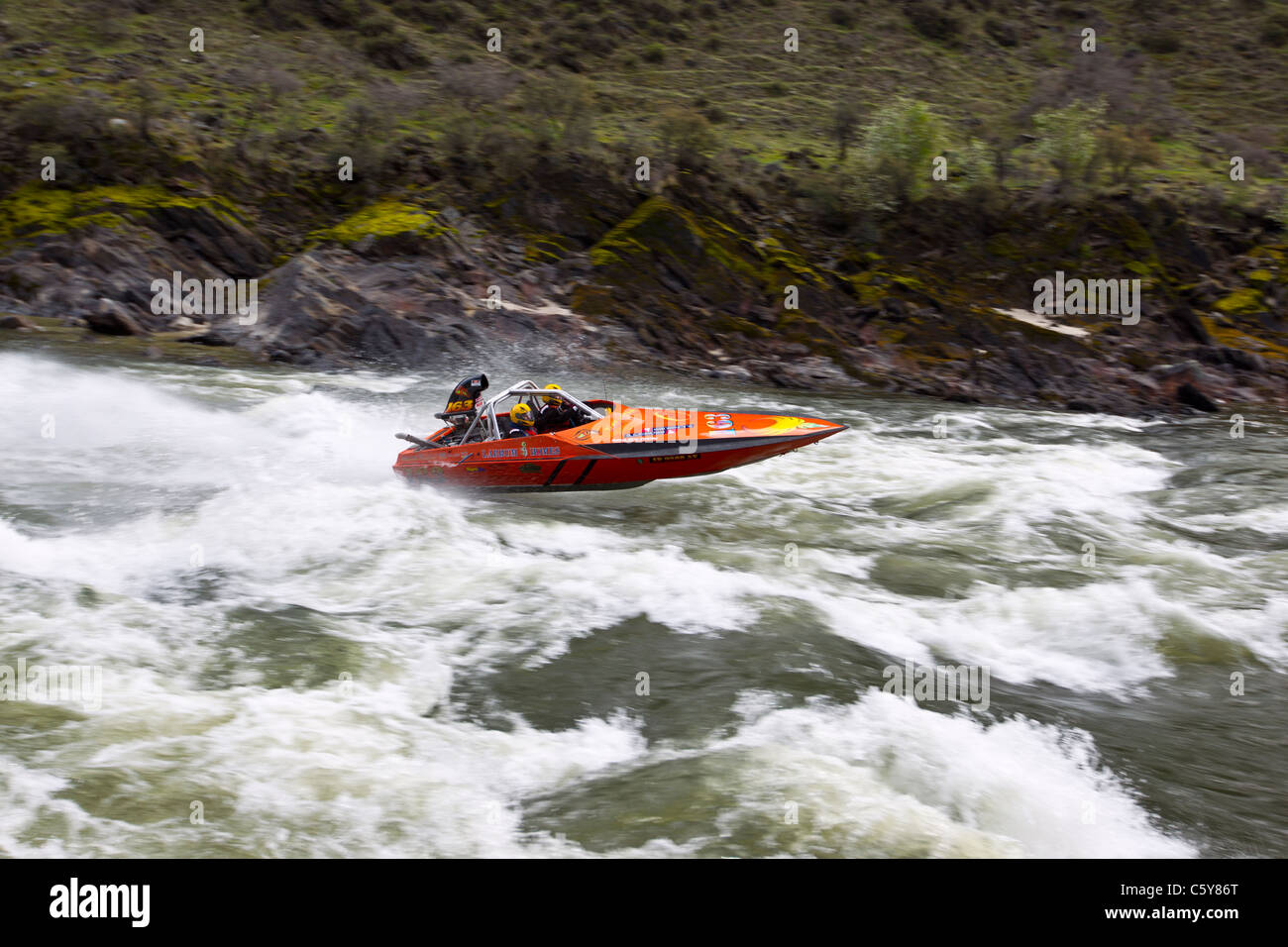 Labrum Racing, #163, poteri attraverso il fuso orario rapids durante il 2011 Salmon River Jet Boat Race, Riggins, Idaho, Stati Uniti d'America Foto Stock